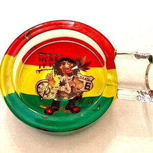 Cannabis Glass Ashtray Cartoon Man Figure round 3 1/2" wide